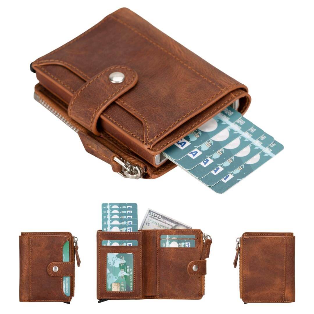 Pop up wallet in dark brown, a mottled leather, cards fanned and shown open and closed