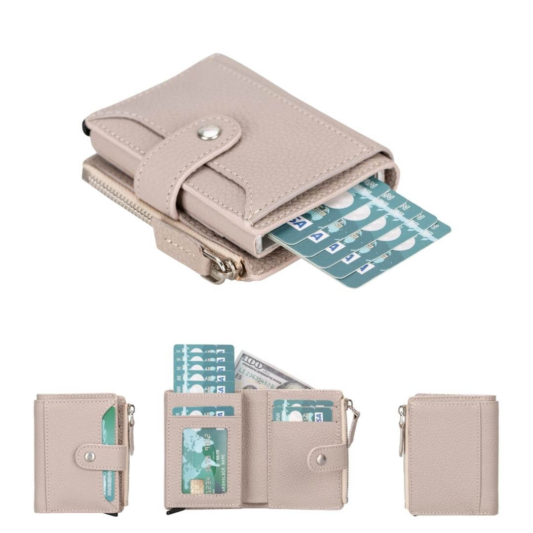 Pop up wallet in Mink, a pale taupe leather, cards fanned out and shown open and closed
