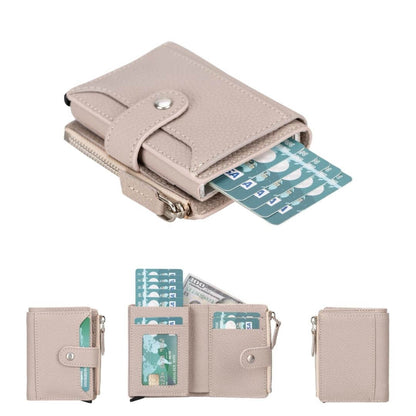 Pop up wallet in Mink, a pale taupe leather, cards fanned out and shown open and closed