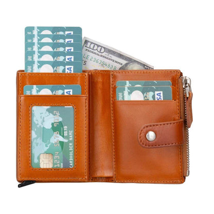Tan pop up wallet open, a clear ID window on the left and bills behind the snap pocket on the right