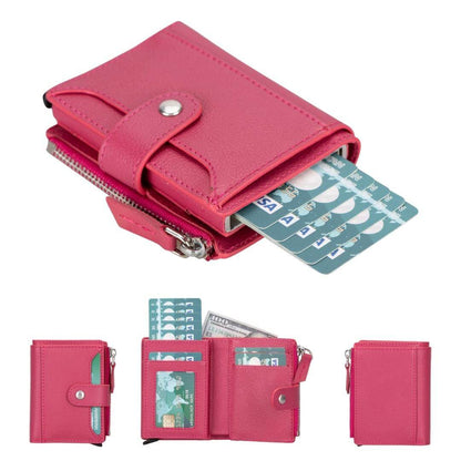 Pop up card holder wallet in Pink, a bright fuchsia leather, with cards fanned and open views