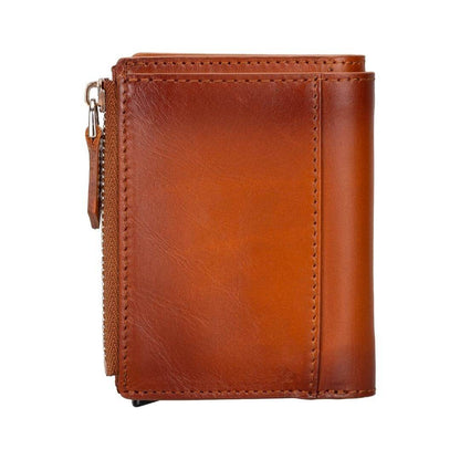 Back of the tan pop up wallet, the zip coin pocket running down its edge