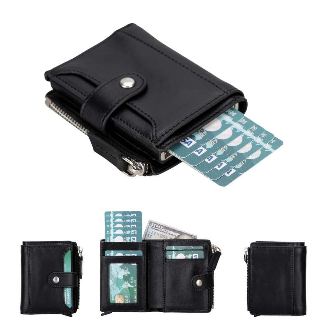 Pop up card holder wallet in black leather, cards fanned out, with open and closed views