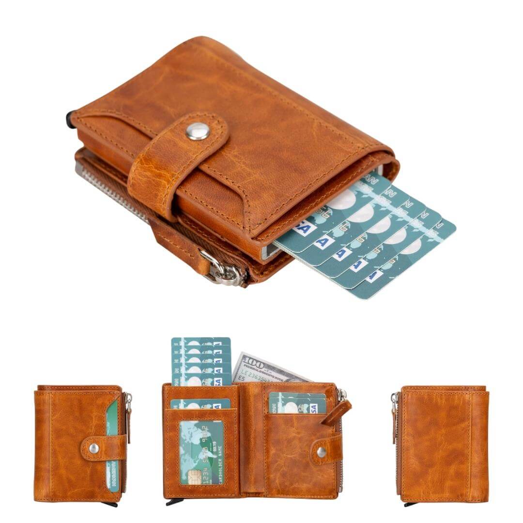 Pop up wallet in Brown, a waxy orange-brown leather, cards fanned and shown open and closed