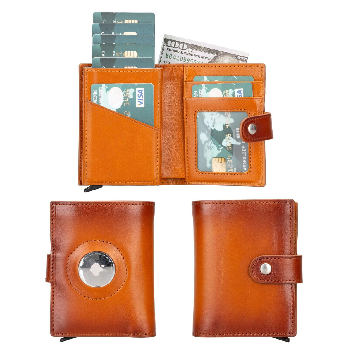 Pop up wallet with AirTag slot in tan leather, open with cards and bills, plus front and back views