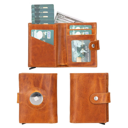 AirTag pop up wallet in Vegetal Tan, a mottled natural leather, open and from both closed faces