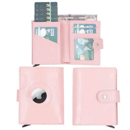 AirTag pop up wallet in Pink, a soft pastel leather, open with cards and from both closed faces
