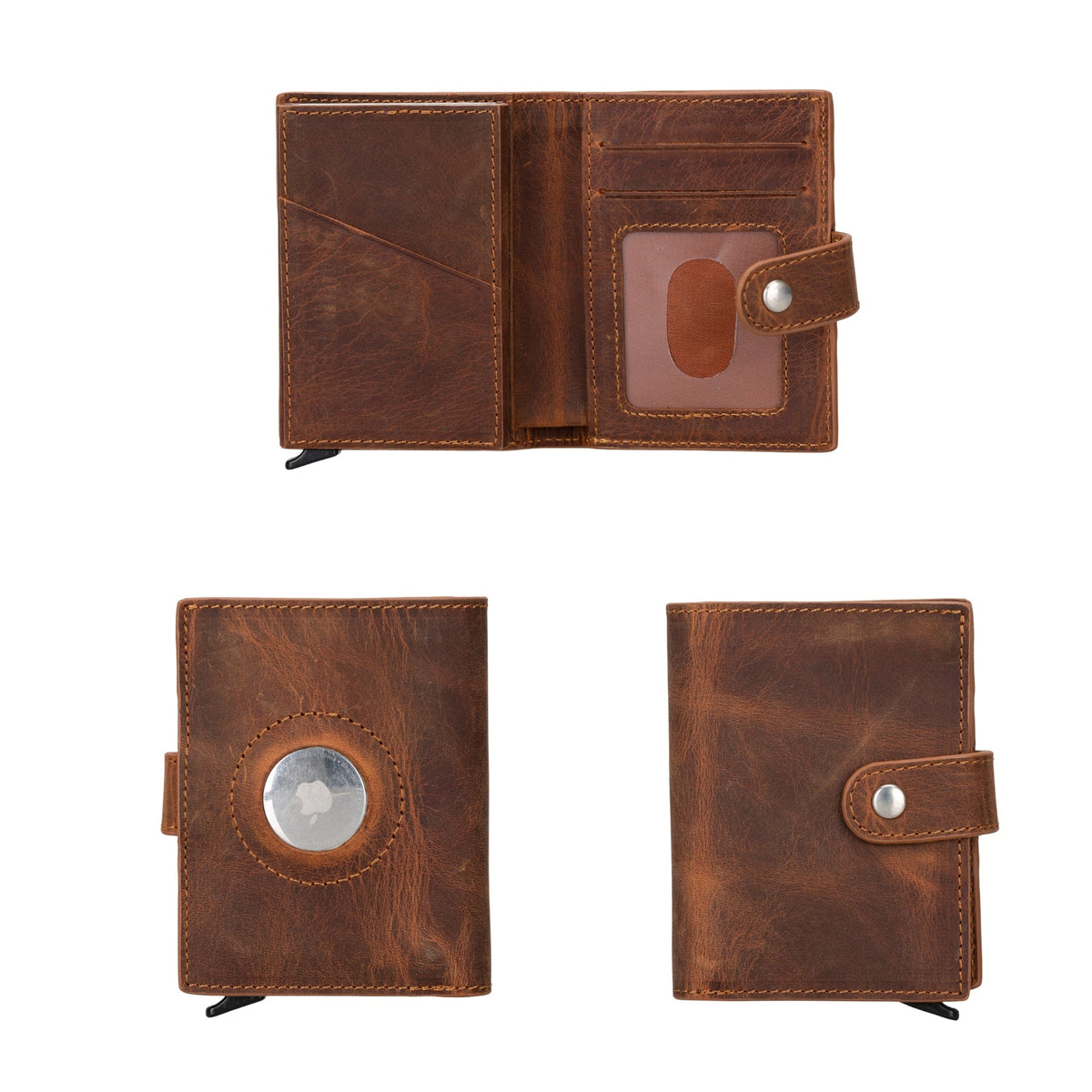 AirTag pop up wallet in Antic Brown, a waxy dark leather, open with cards and from both closed faces