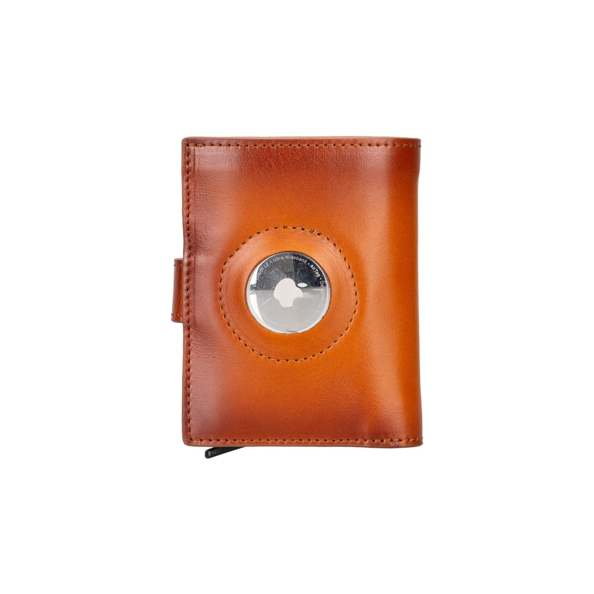 Front of the tan pop up wallet with an AirTag showing through the round stitched window