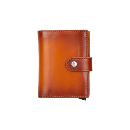 Back of the tan AirTag wallet closed with its snap tab, the card case edge visible below