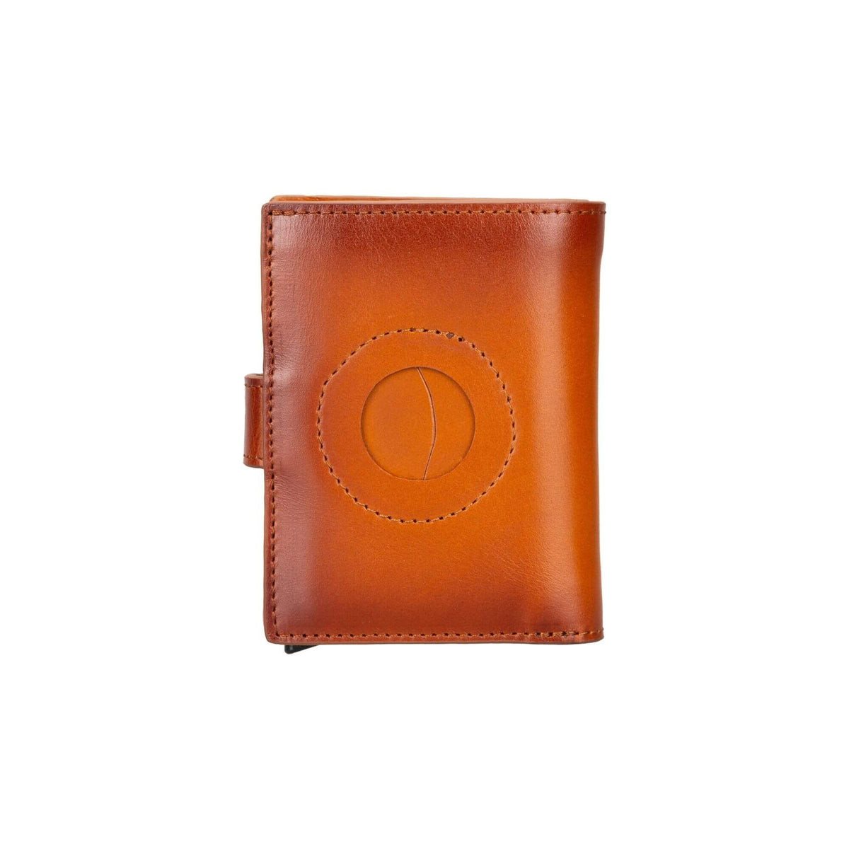 Front of the tan wallet with the AirTag window empty, showing the stitched round frame