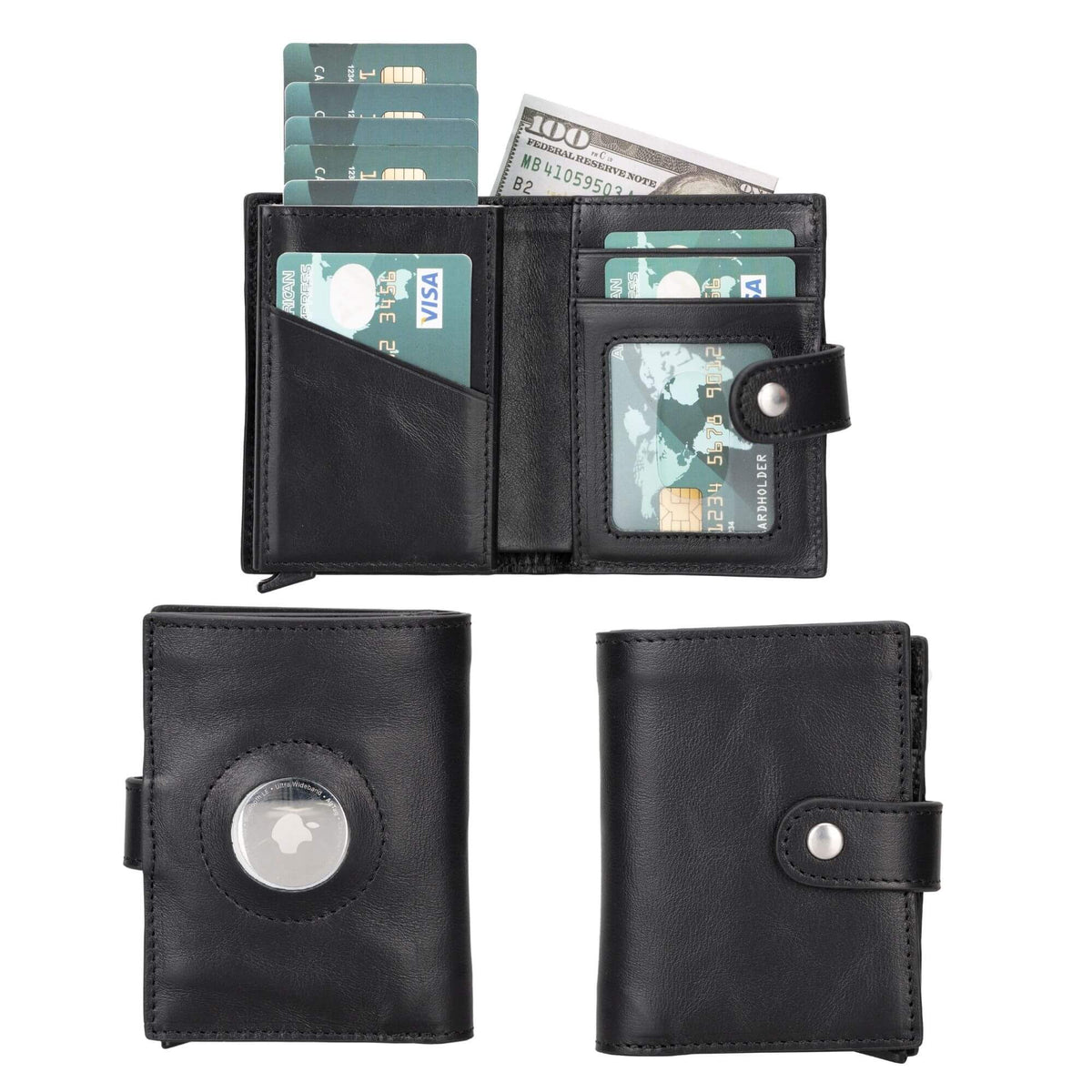 AirTag pop up wallet in black leather, open with cards and bills, plus front and back views