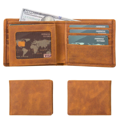 Slim bifold leather wallet for men in tan, open with cards, a bill and the clear ID window, plus both closed faces