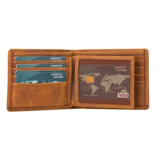 Tan slim bifold leather wallet laid open, card slots on the left and the windowed ID slot on the right