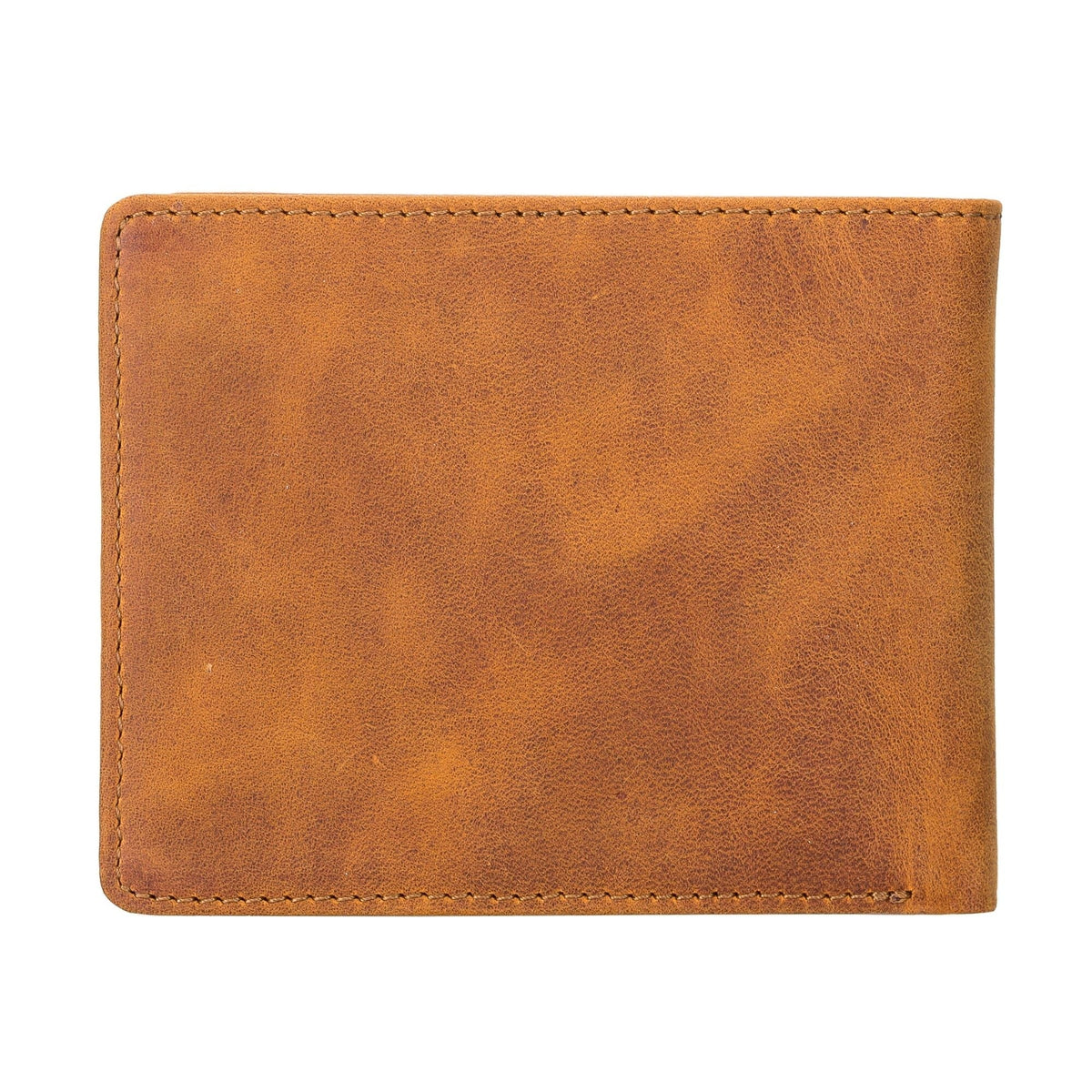Tan slim bifold leather wallet closed, the plain front face with its stitched edge