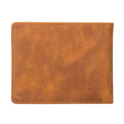 Tan slim bifold leather wallet closed, the plain front face with its stitched edge