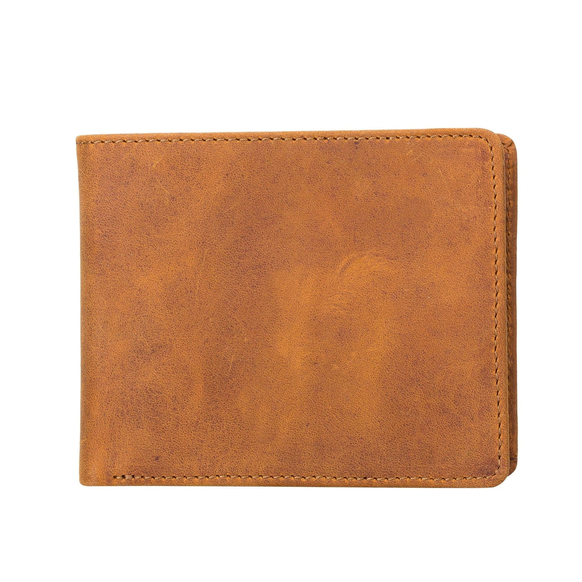 Tan slim bifold leather wallet folded shut, seen from the other face with the fold showing