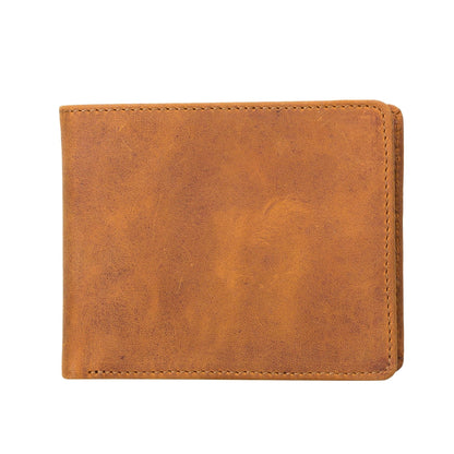 Tan slim bifold leather wallet folded shut, seen from the other face with the fold showing