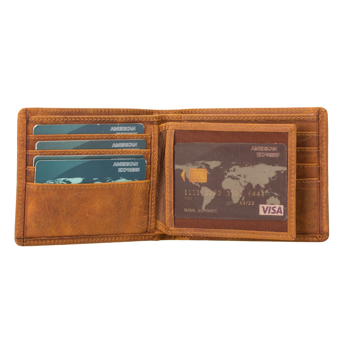 Inside of the tan slim bifold wallet, card slots beside the ID window holding a card