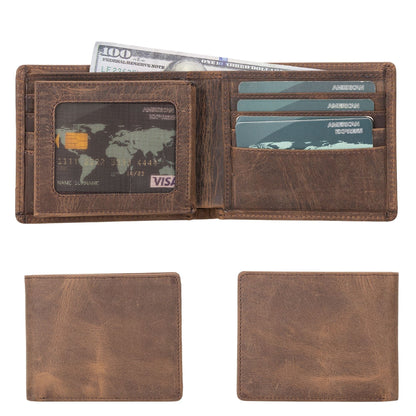 Slim bifold leather wallet for men in dark brown, open with cards and a bill, shown beside both closed faces