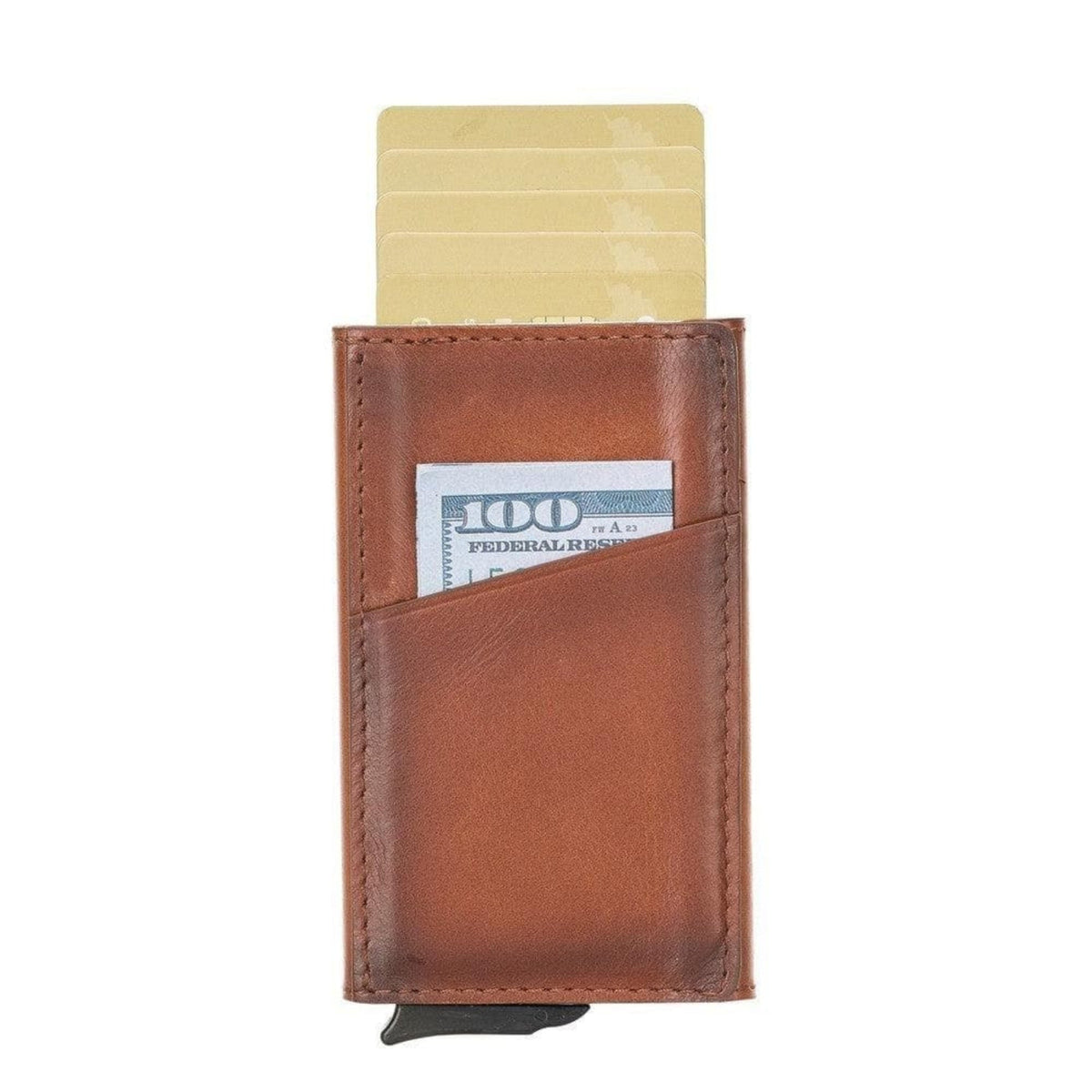 Slim pop up card holder in tan leather, cards raised out of the top and a bill in the front pocket