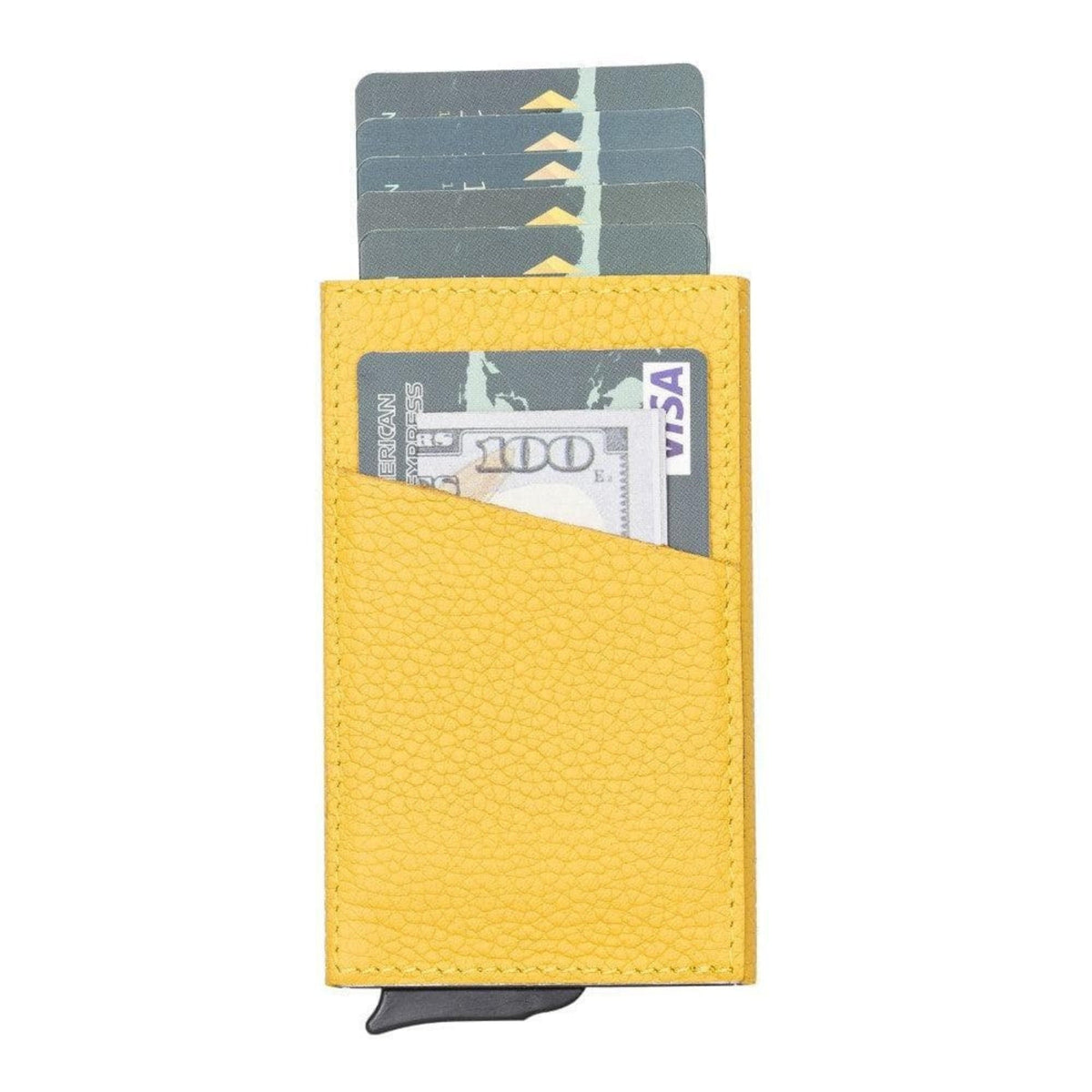 Pop up card holder in yellow pebbled leather with cards fanned up and a card in the front pocket