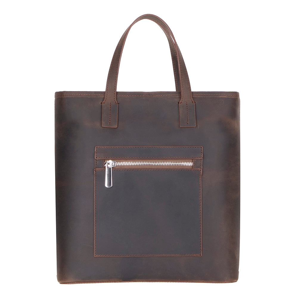 Women's leather tote in Sienna, a dark brown oiled leather with a silver zip front pocket