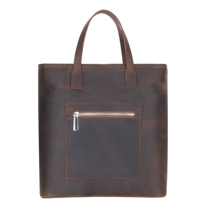 Women's leather tote in Sienna, a dark brown oiled leather with a silver zip front pocket