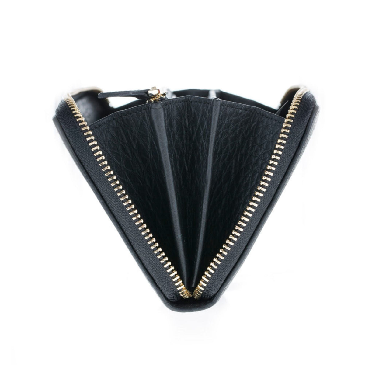 Black zip around wallet unzipped and fanned open, showing the accordion bill sections