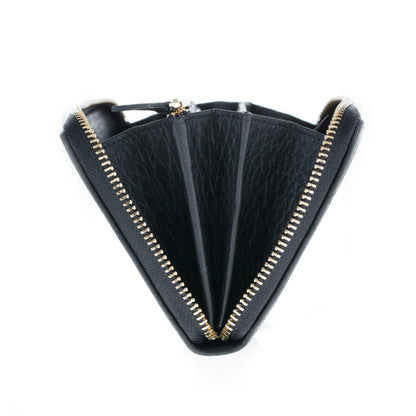 Black zip around wallet unzipped and fanned open, showing the accordion bill sections