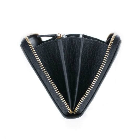 Black zip around wallet unzipped and fanned open, showing the accordion bill sections