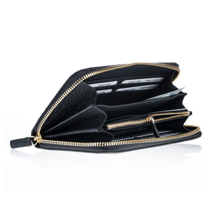 Black zip around wallet open at an angle, card slots, bill sections and the center zip pocket
