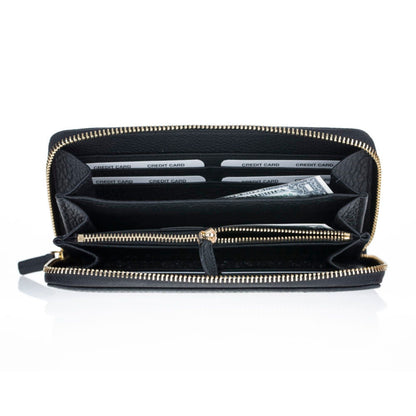 Inside the black zip around wallet laid open, rows of card slots over the zip coin compartment