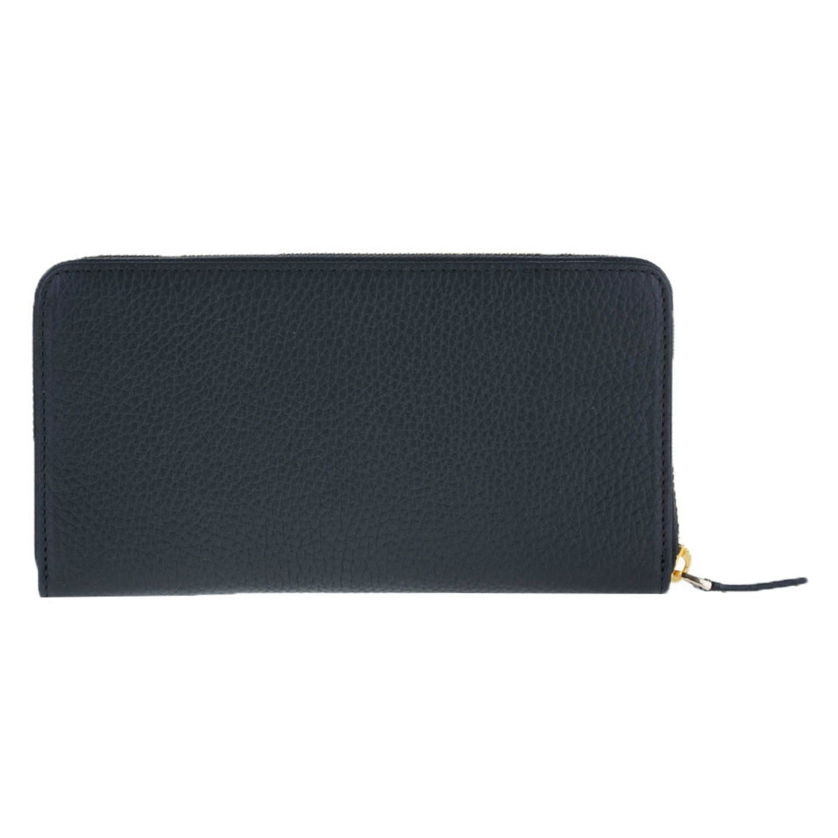 Black zip around wallet closed, the pebbled face with the gold zip running around the edge