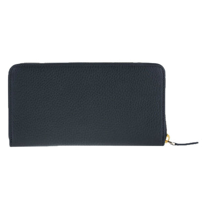 Black zip around wallet closed, the pebbled face with the gold zip running around the edge