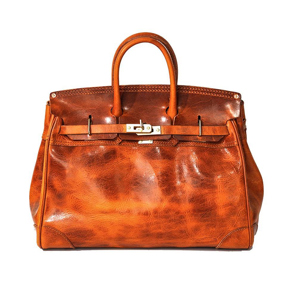 Rossie Viren Women's  Unisex Large Vintage Vegetable Tanned Leather Padlock Tote Bag-1