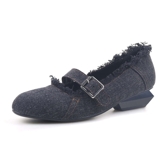 Upcycled Denim Fabric Mary Jane Shoes-1
