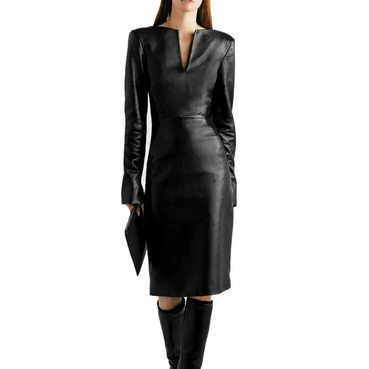 Women’s V-Neck Leather Cocktail Dress-0