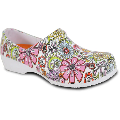 Women's slip-resistant clog with a floral print.