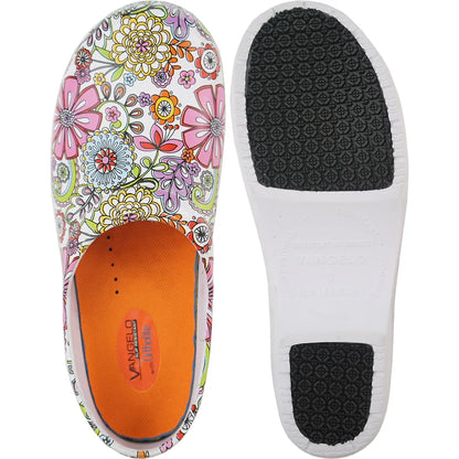 Women's slip-resistant clog in a floral pattern, showing the sole.