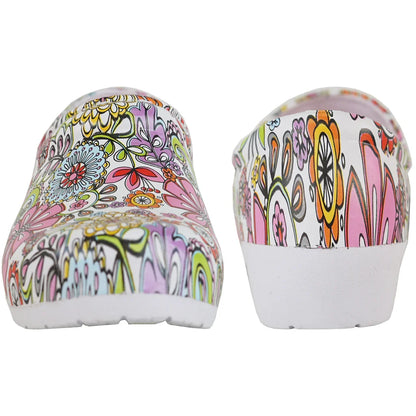 Pair of women's floral print slip-resistant clogs.