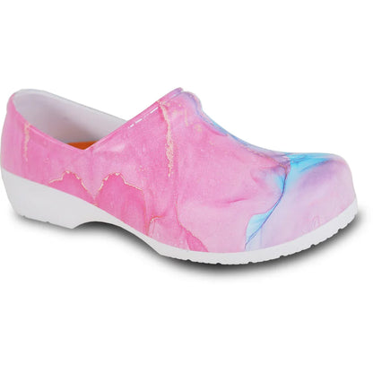 Women's slip-resistant clog in a multi-color print.