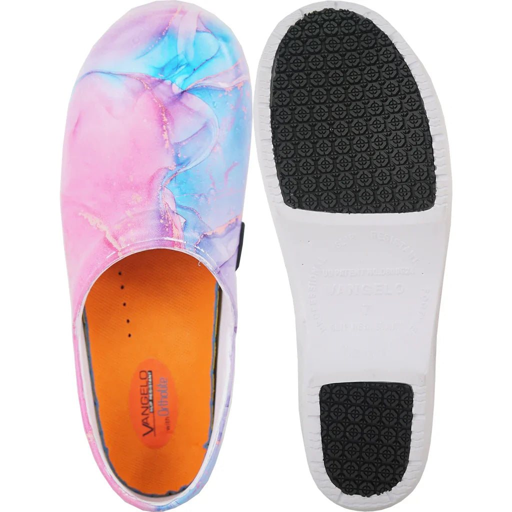 Multi-color print slip-resistant clog, showing the sole.