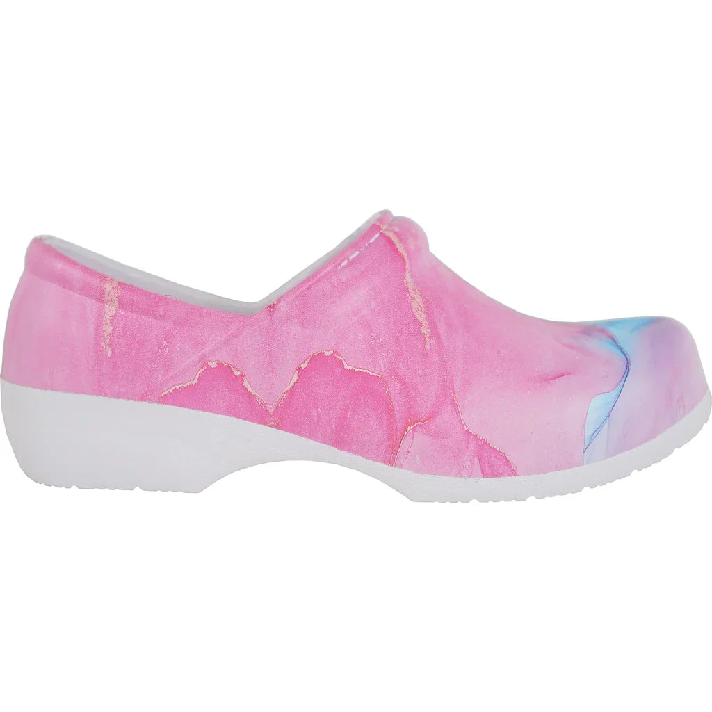 Women's clog in a multi-color print with a slip-resistant sole.