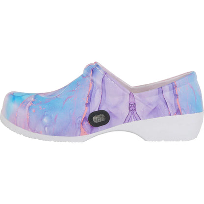 Multi-color print clog for women with a removable insole.