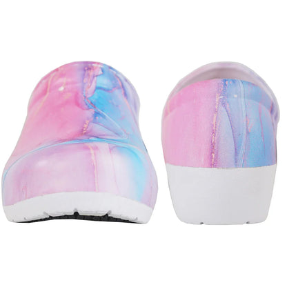 Pair of women's multi-color print slip-resistant clogs.