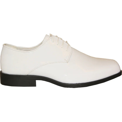 Men's white patent leather oxford dress shoe.