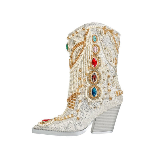 Venetian Gem and Pearl Encrusted White Cowgirl Boots-0