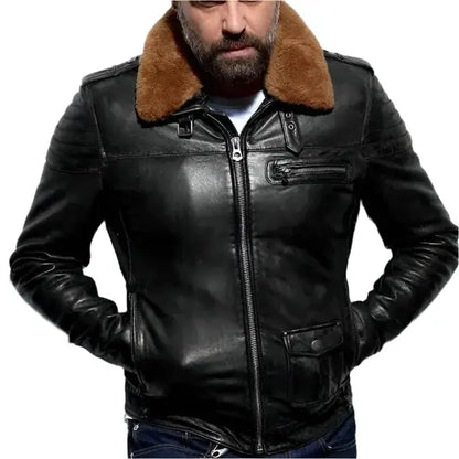 Men’s Versatile Aviator-Style Black Leather Jacket with Removable Collar-0