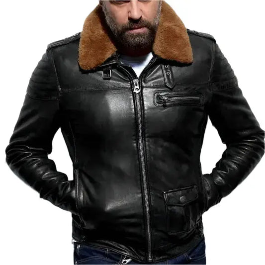 Men’s Versatile Aviator-Style Black Leather Jacket with Removable Collar-0
